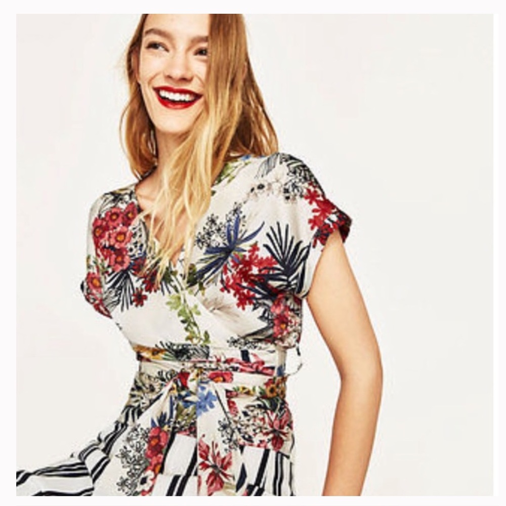 Zara Floral Print Wrap Top in White with Red, Blue, Green Accents